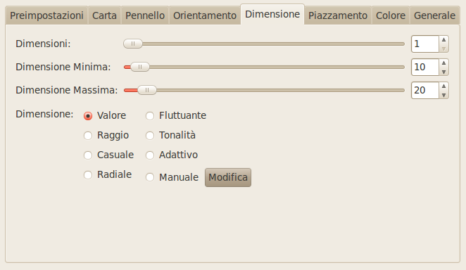 Opzioni della scheda «Dimensione»