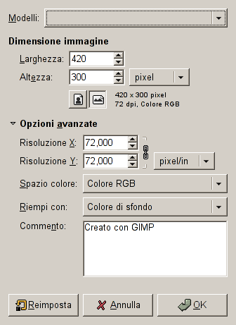 Finestra di dialogo Nuova immagine, con le opzioni avanzate