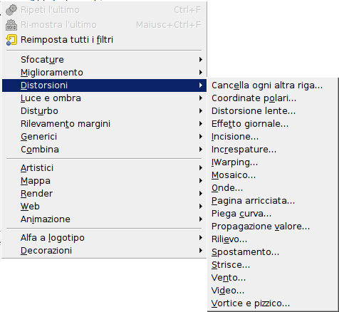 Il menu filtri di «distorsione»