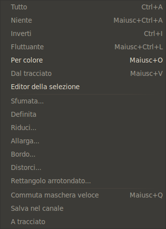 Il contenuto del menu «Seleziona»