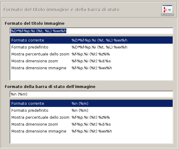 Formato del titolo della finestra immagine e della barra di stato