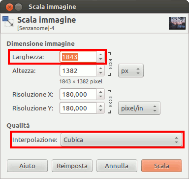 Finestra di dialog per scalatura in pixel