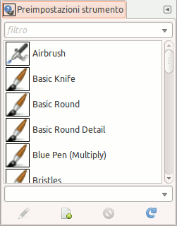 Il pannello preimpostazioni degli strumenti