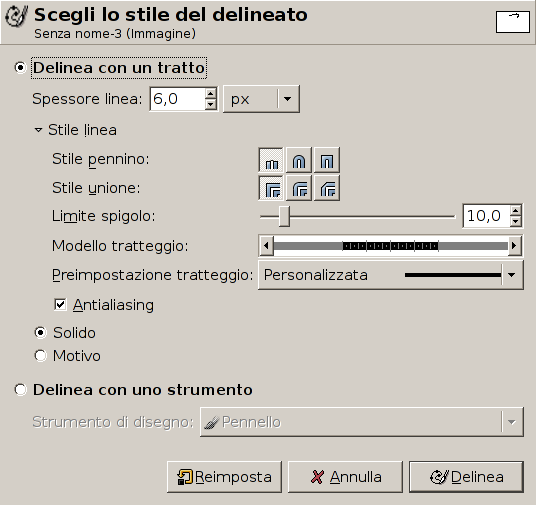 La finestra di dialogo «Scegli lo stile della delineatura»