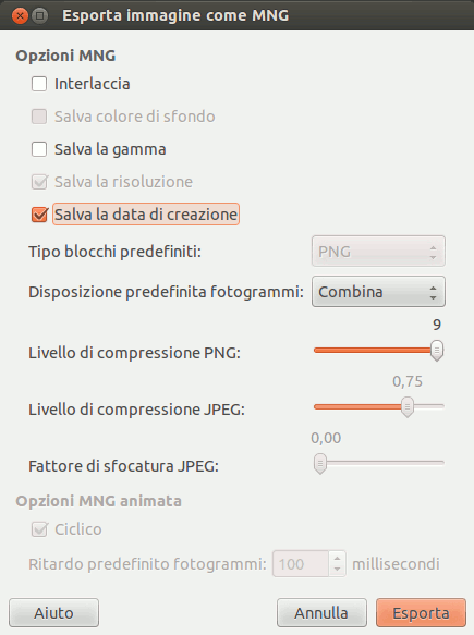 La finestra di dialogo di esportazione file MNG