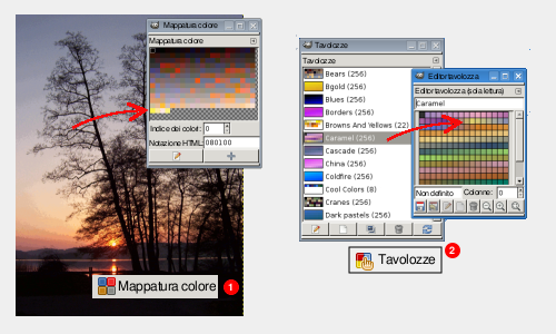 Il pannello Mappatura colore (1) e Tavolozze (2)