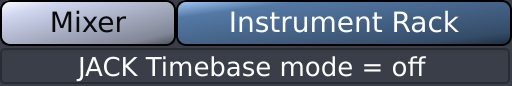 In the upper part there are two buttons. The smaller one to the left is titled "Mixer" and the larger one "Instrument rack". Below there is a large blue display showing the default message of Hydrogen after startup "Hydrogen Ready.".